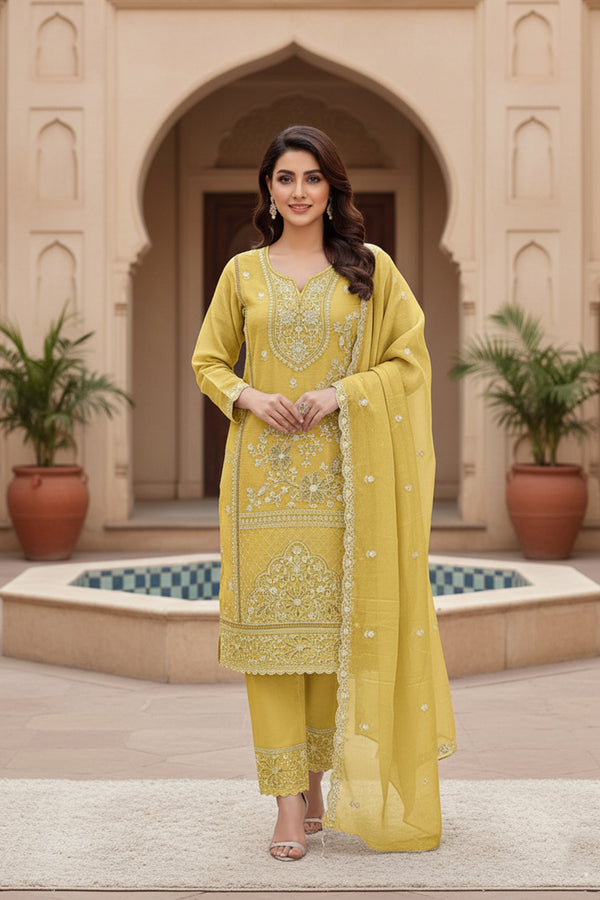 Full Stitched Pakistani Tunic Style Mustard Salwar Kameez Heavy Chiffon With Dupatta