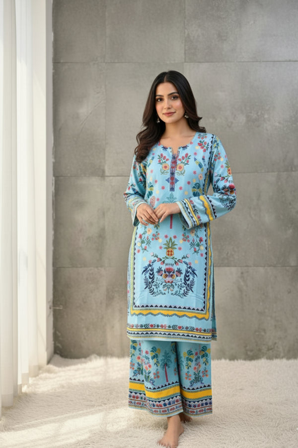 Light Sky Blue Rayon Satin Multi Flower Printed Pakistani Co-Ord Palazzo Set-Readymade