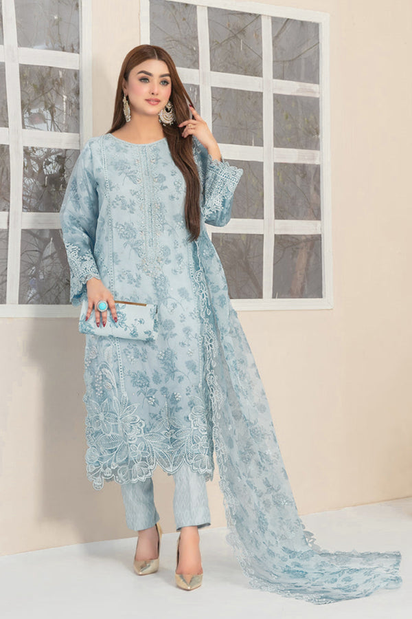Readymade Sky Blue Pakistani Dress – Digital Printed Organza Kameez with Stylish Dupatta