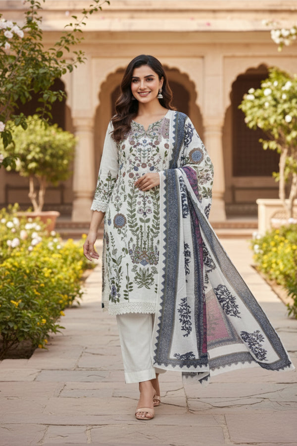 Luxury Rayon Collection White Embroidered Pakistani Salwar Kameez With Cotton Printed Dupatta