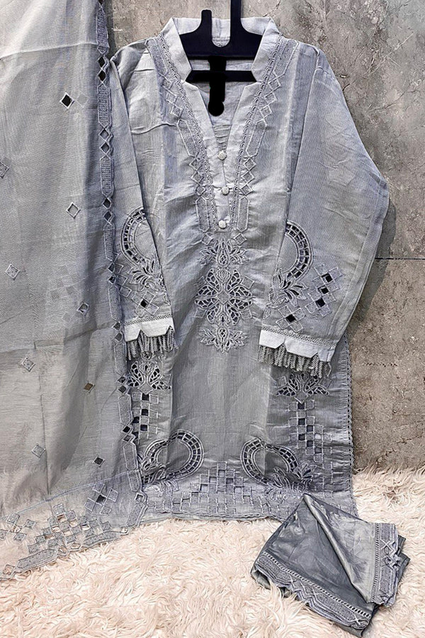 Readymade Organza Pakistani Gray Salwar Kameez Embroidered With Premium Dupatta