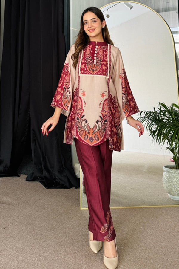 Readymade Dark Cream & Maroon Floral Printed Pakistani Rayon Satin Co-Ord Palazzo Set