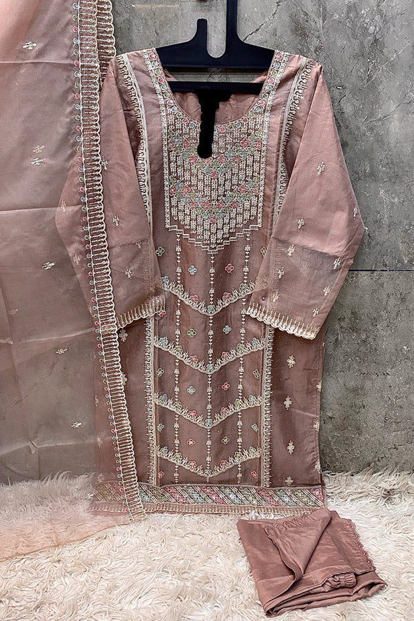 Luxury Peach Ready Wear – Pakistani Organza Suit With Hand Khatli & Graceful Dupatta