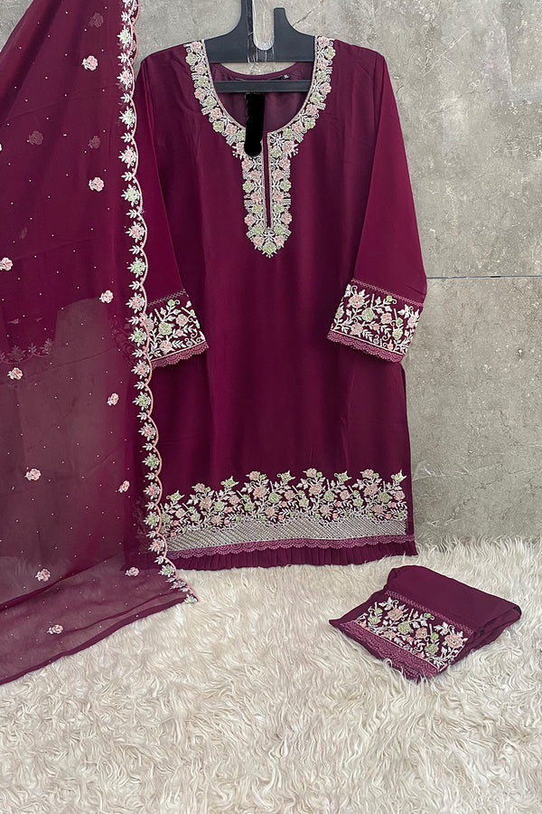 Festive Ready To Wear Wine Ethnic Set Georgette With Embroidery Dupatta Work