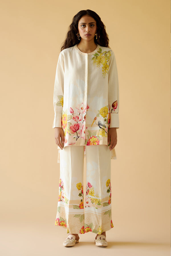 Pakistani Elegant Party Wear Floral Printed Co-Ord Palazzo Set – Cream & Multicolor