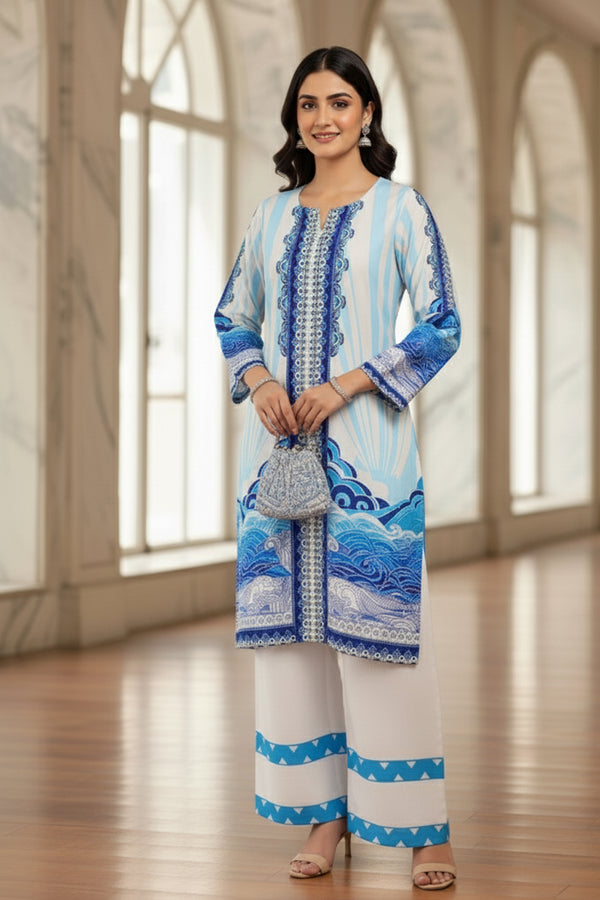 Readymade Blue Rayon Satin Multi Flower Printed Pakistani Co-Ord Palazzo Set