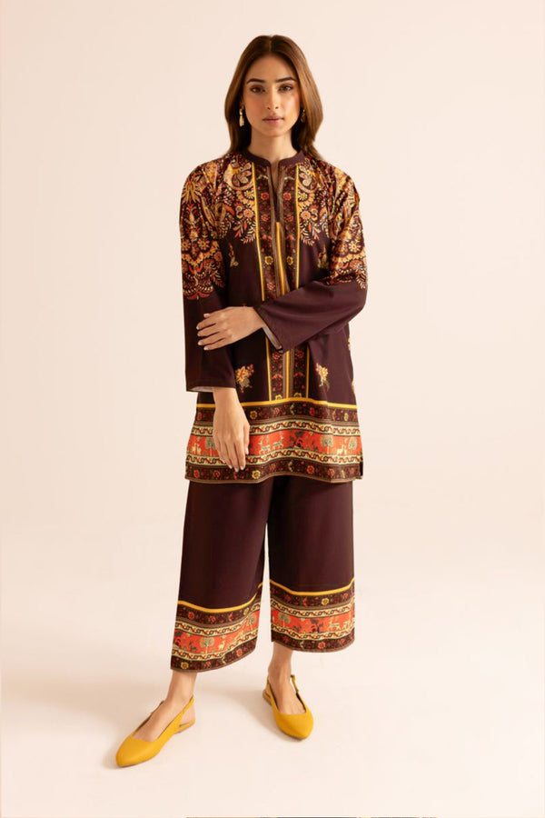 Readymade Dark Wine & Black Floral Printed Pakistani Rayon Satin Co-Ord Palazzo Set