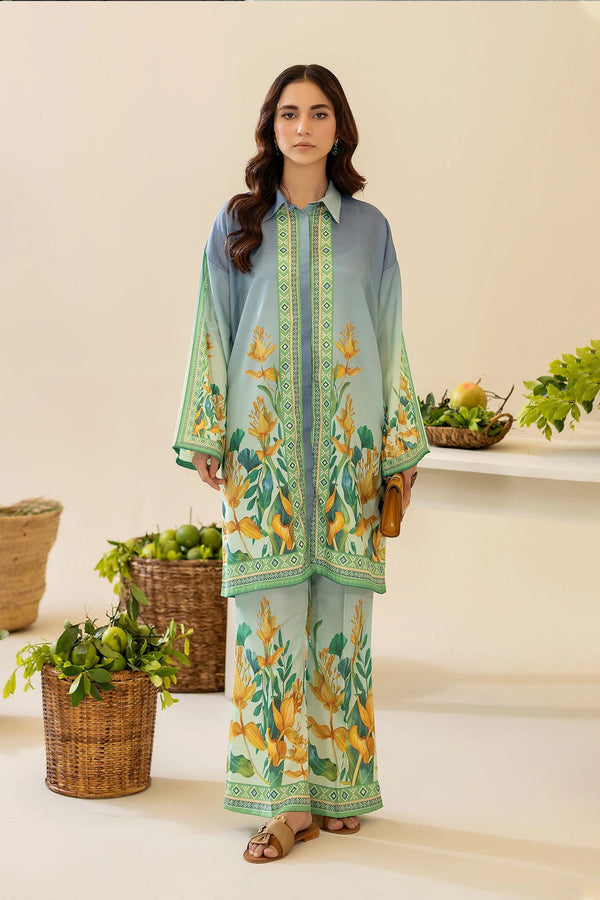 Latest Pretty Pakistani Rayon Satin Blue & Green Co-Ord Palazzo Set