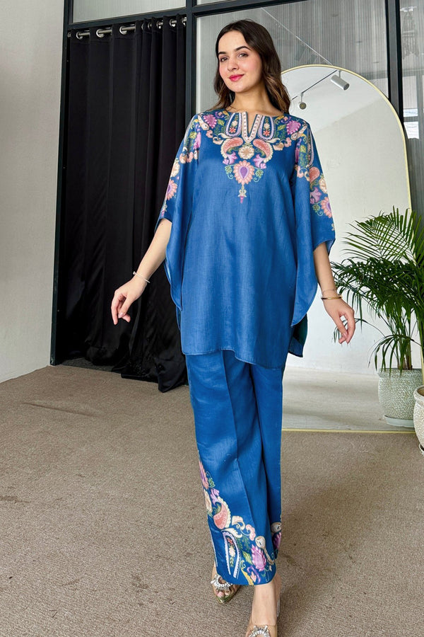 Luxury Blue & Multi Printed Rayon Satin Pakistani Co-Ord Palazzo Set