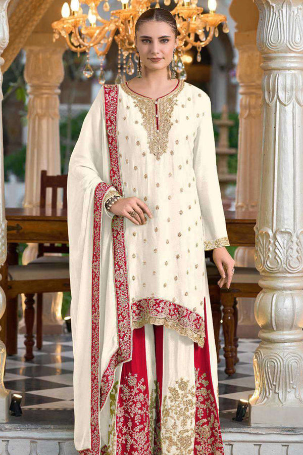 Wedding Special Ethnic Wear Cream & Red Embroidered Heavy Chinon Suit Kurta Palazzo With Dupatta