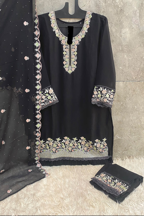 Festive Ready To Wear Black Ethnic Set Georgette With Embroidery Dupatta Work
