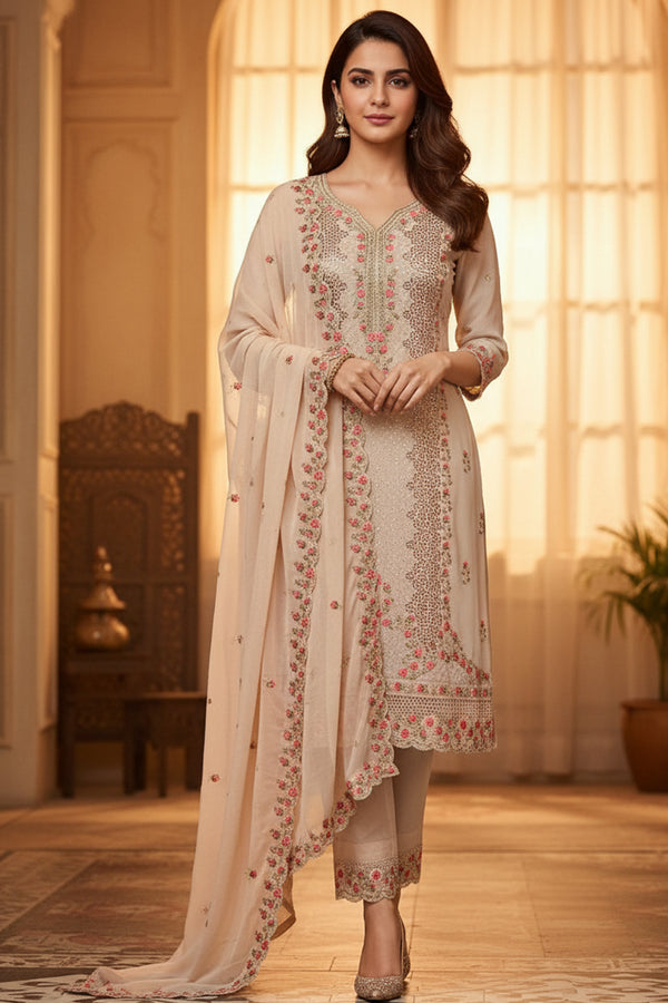 Readymade Pakistani Embroidered Salwar Kameez Beige Georgette With Premium Dupatta
