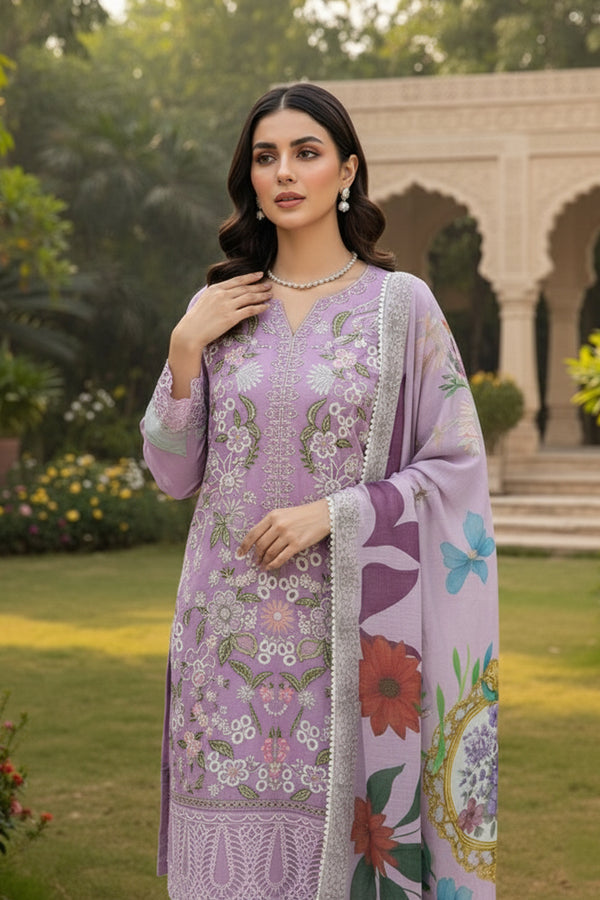 Full Stitched Light Purple Chiffon Embeoidered Pakistani Salwar Kameez With Cotton Printed Dupatta