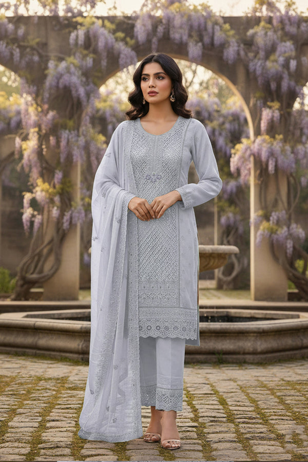 Latest Readymade Light Grey Color Heavy Chiffon Handwork Pakistani Salwar Kameez for Women