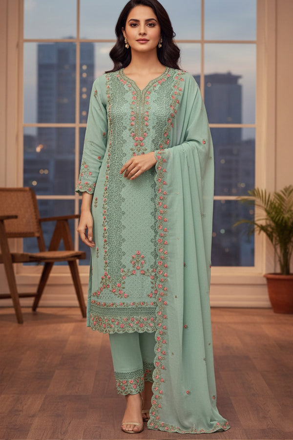 Readymade Pakistani Embroidered Salwar Kameez Mint Green Georgette With Premium Dupatta