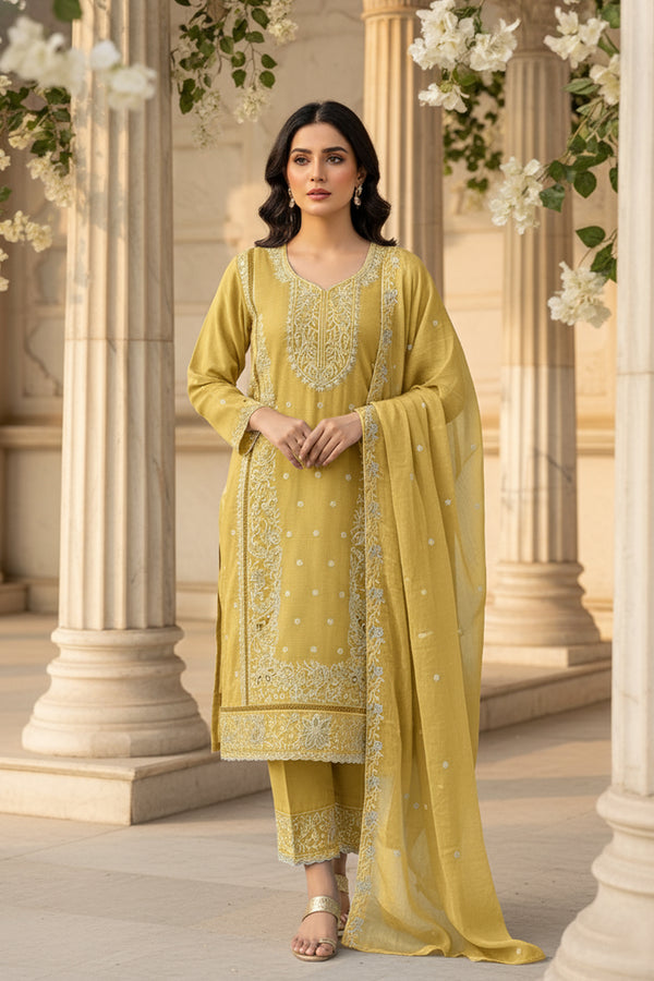 Readymade Heavy Chiffon Yellow Pakistani Salwar Kameez With Chiffon Dupatta