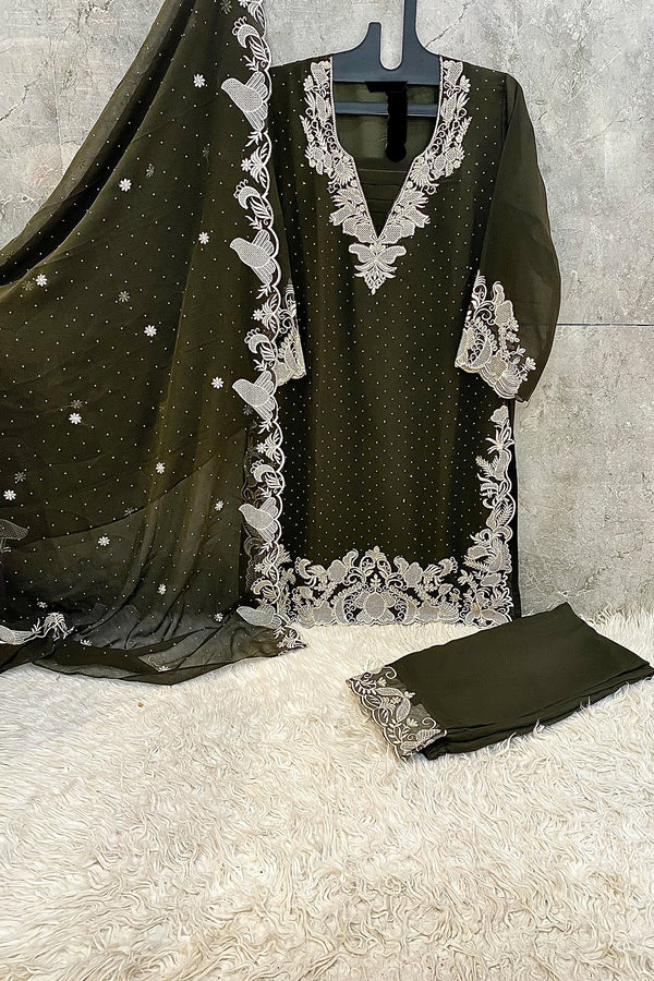 Ready To Wear Pakistani Salwar Kameez Festive Wear Mehndi Georgette With Georgette Dupatta