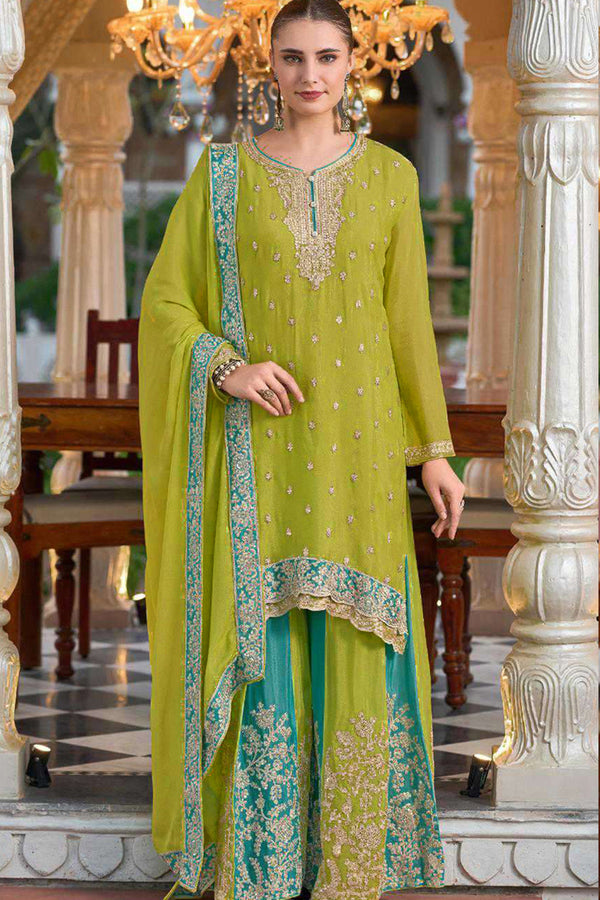 Wedding Special Ethnic Wear Parrot Green Embroidered Heavy Chinon Suit Kurta Palazzo With Dupatta