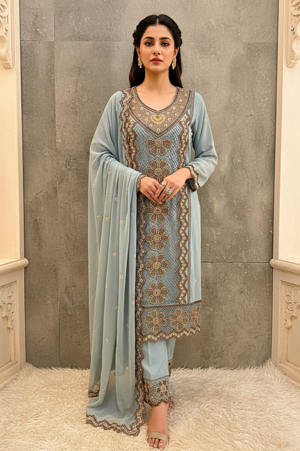 Readymade Light Sky Georgette Long Pakistani Salwar Kameez With Designer Dupatta