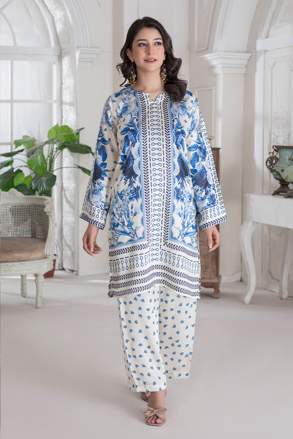 Stylish Pakistani Printed Palazzo Co-Ord Set –White & Blue Cotton Ethnic Outfit for Women