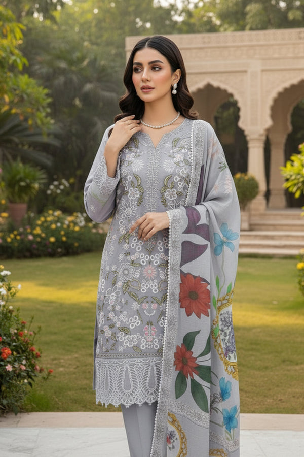 Full Stitched Grey Chiffon Embeoidered Pakistani Salwar Kameez With Cotton Printed Dupatta