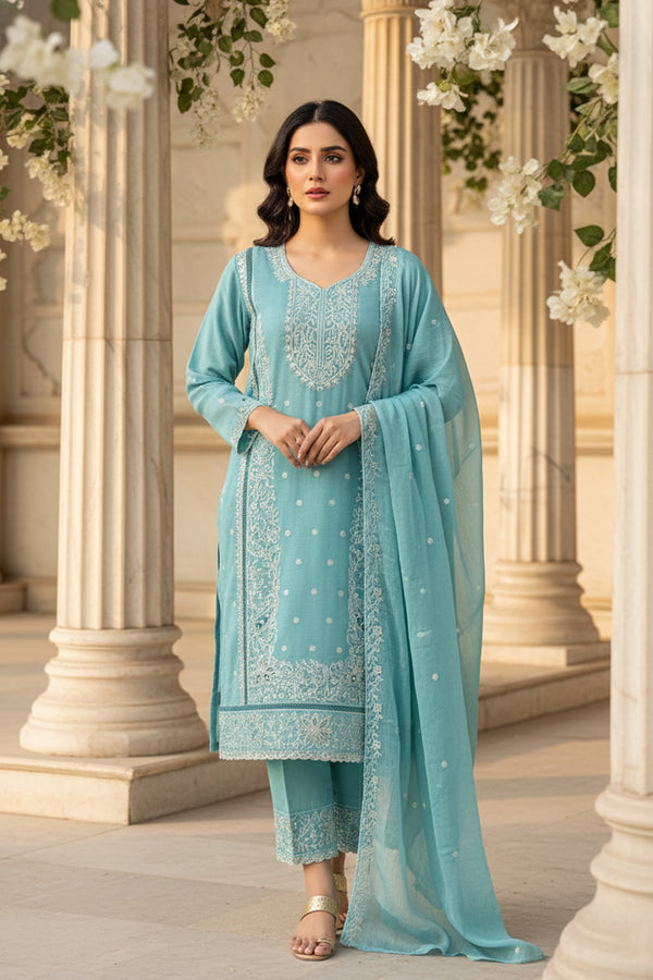 Readymade Heavy Chiffon Light Sky Pakistani Salwar Kameez With Chiffon Dupatta