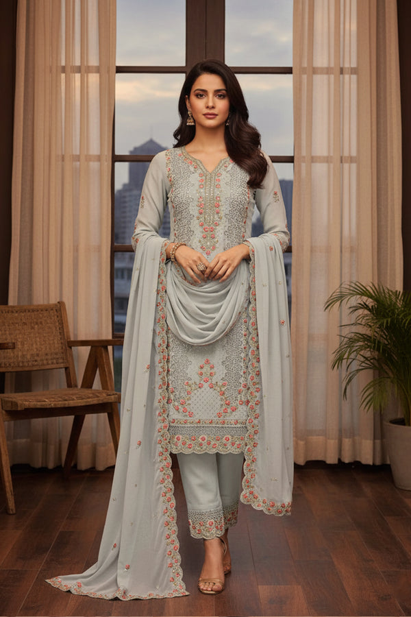 Readymade Pakistani Embroidered Salwar Kameez Grey Georgette With Premium Dupatta