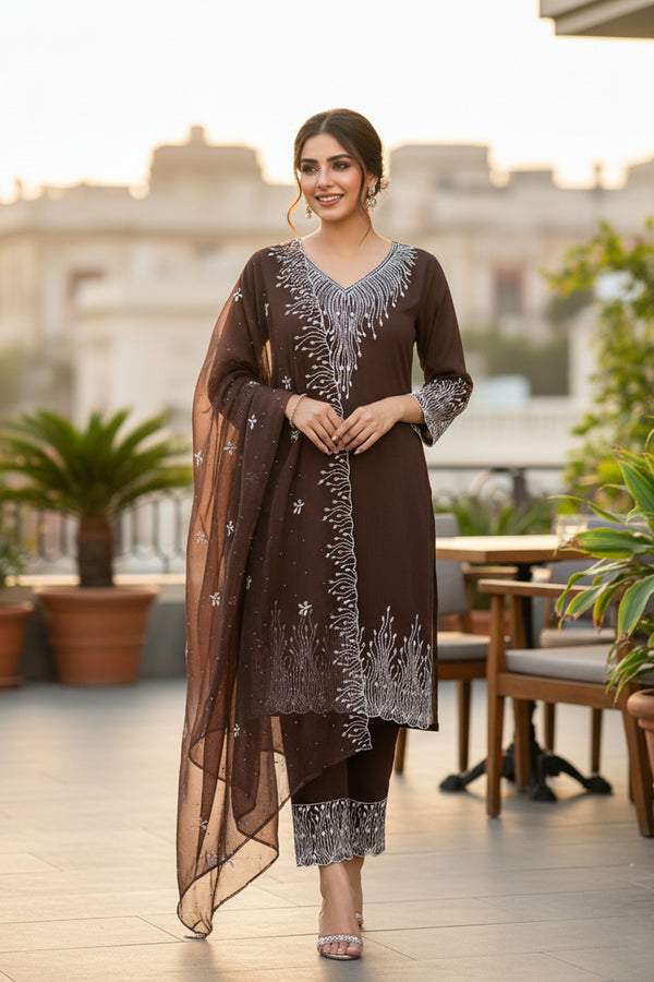 Latest Brown Readymade Pakistani Salwar Kameez Georgette With Georgette Dupatta