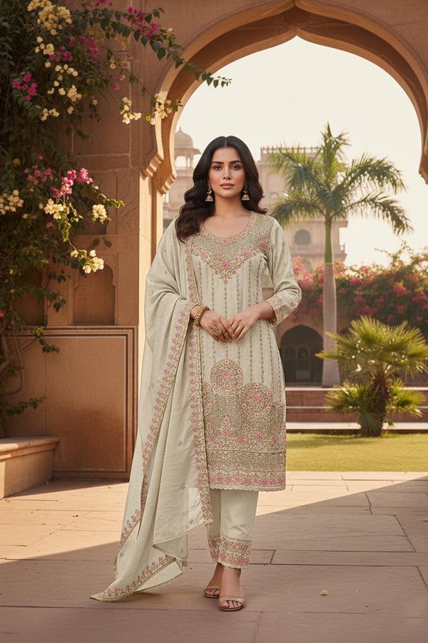 Ready To Wear Chiffon Crush Pakistani Cream Tunic Salwar Kameez With Pretty Dupatta