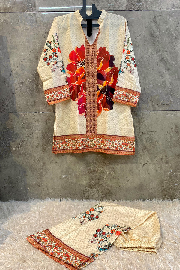 Luxurious Cream & Red Floral Printed Pakistani Cotton Kurti With Palazzo Co-Ord Set