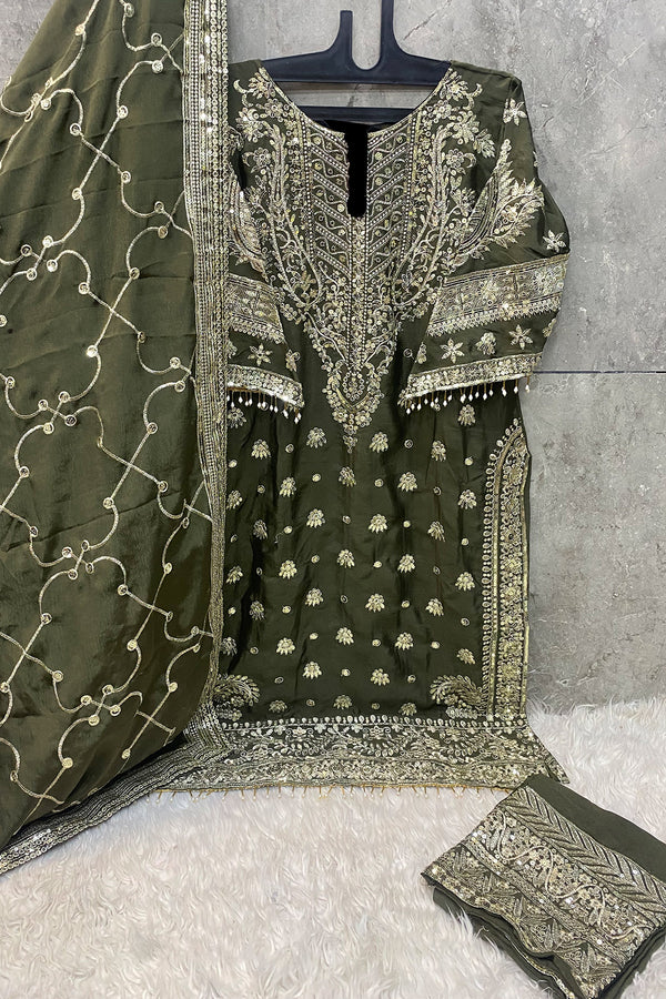 Fully Stitched Embroidered Chinon Salwar Suit in Mehndi – Pakistani Style Outfit With Dupatta