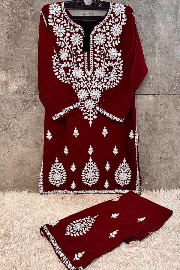 Delicate Maroon Lucknowi Chikankari Co-Ord Set – Ready-To-Wear Pakistani Outfit