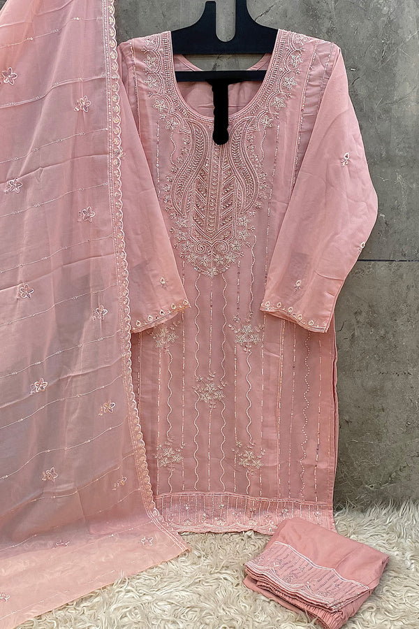 Readymade Pakistani Salwar Kameez Baby Pink Star Faux Georgette Coding Work With Dupatta Work