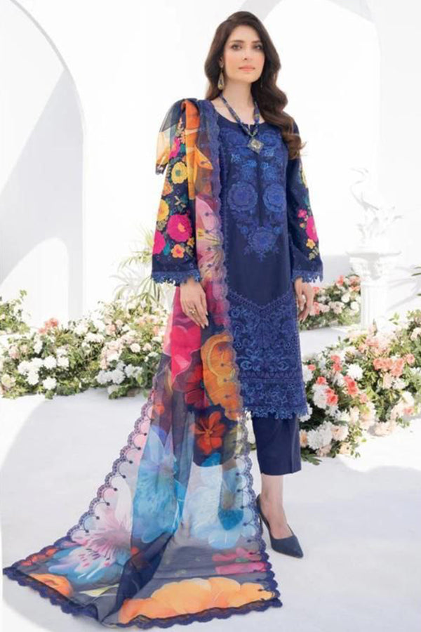 Navy Blue Cotton Pakistani Salwar Kameez Embroidered With Imported Silk Chex Dupatta