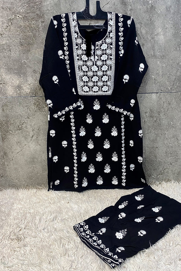 Pakistani Cod Set Attractive White Embroidered Heavy Rayon Black Pakistani Co-Ord Set