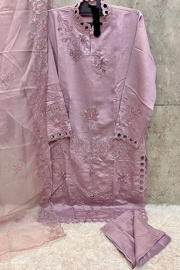 Ready To Wear Pakistani Salwar Kameez Crystal Viscose Purple With Organza Dupatta Work