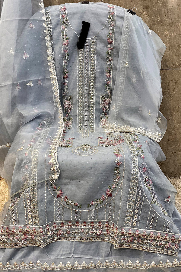 Organza Pakistani Handwork Salwar Kameez Light Sky Blue WIth Organza Dupatta Work