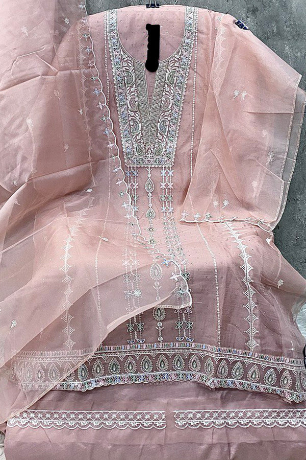 Awesome Peach Pakistani Organza Salwar Suit for Women With Intricate Dupatta Embroidery