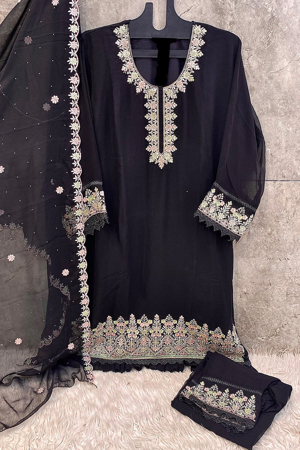 Full Stitched Heavy Georgette Embroidered Moti Work Black With Beautiful Dupatta Work