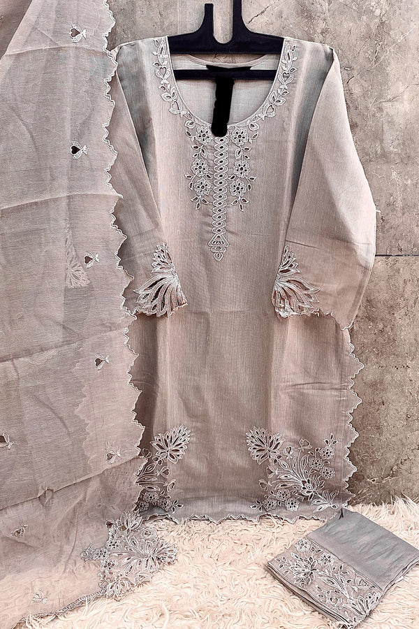 Full Stitched Chiku Organza Pakistani Salwar Kameez Embroidered With Premium Dupatta