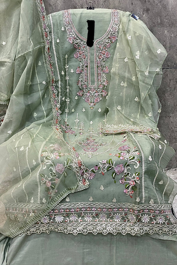 Pakistani Salwar Kameez Pastel Green Organza Khatli Work With Organza Dupatta Work