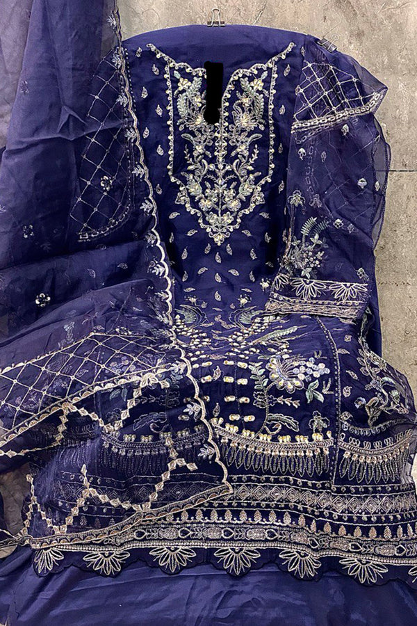 Stylish Party Wear Pakistani Navy Blue Salwar Kameez With Beautiful Organza Dupatta
