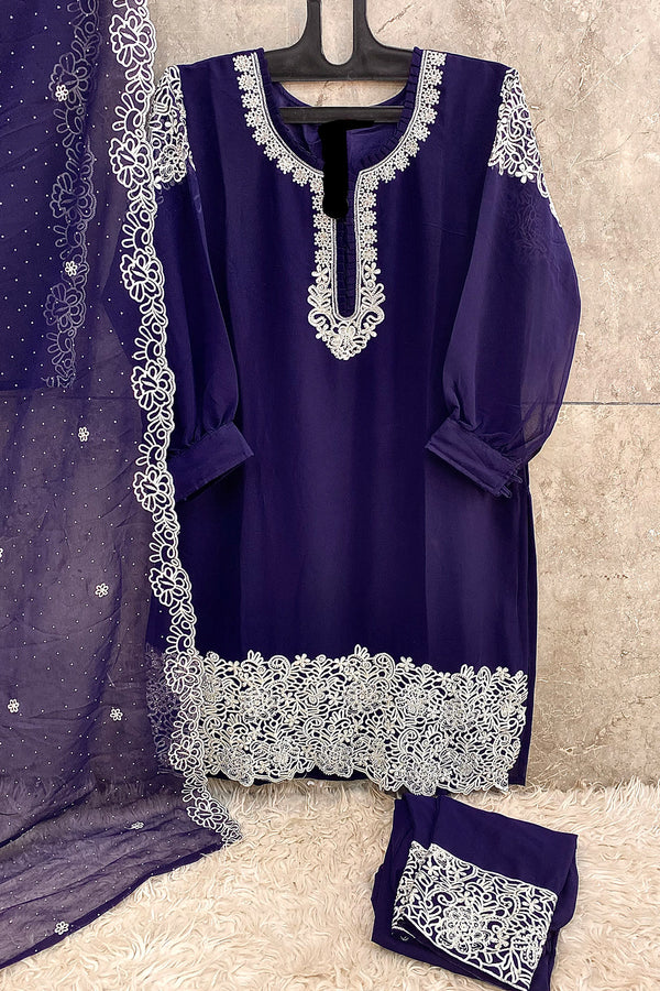 Pakistani Readymade Georgette Navy Blue Tunic Style Salwar Kameez With Georgette Dupatta Work