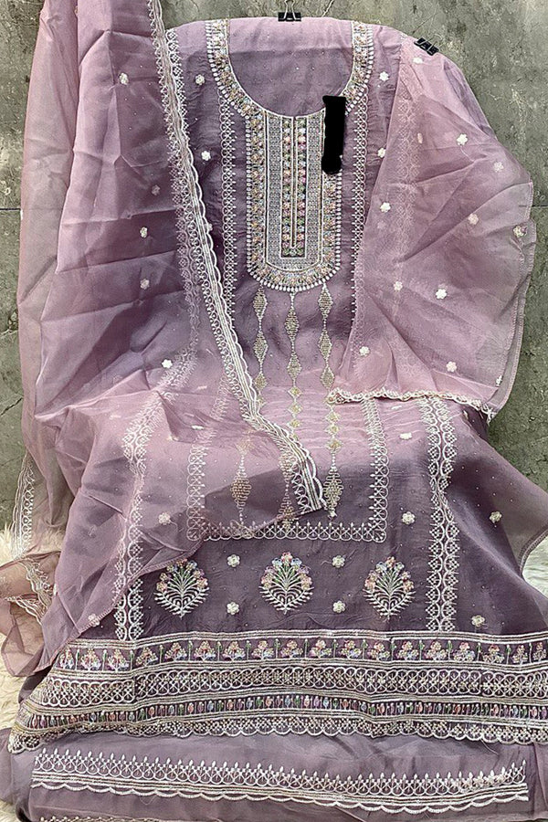 Pakistani Salwar Kameez Organza Khatli Work Light Purple With Organza Dupatta Work