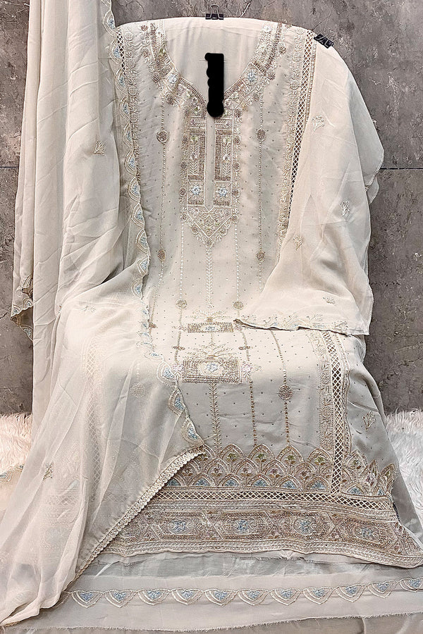 Grey Faux Pakistani Georgette Salwar Kameez With Pretty Embroidered Dupatta Work