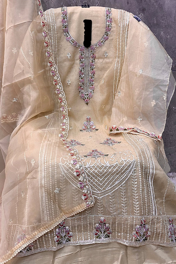 Attractive Light Peach Handwork Heavy Organza Pakistani Salwar Kameez With Organza Work Dupatta