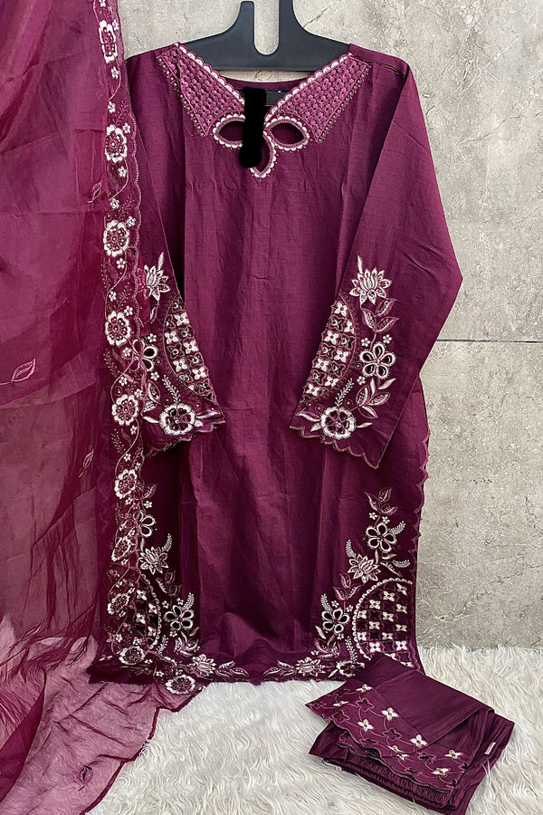 Full Stitched Wine Pakistani Tunic Style Crystal Viscose With Organza Dupatta Work