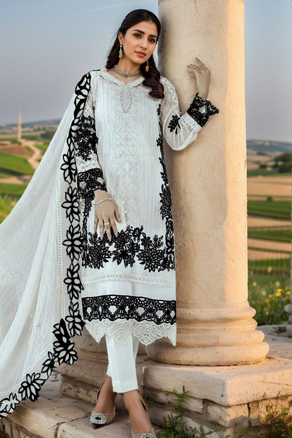Ready To Wear White Floral Embroidered Pakistani Salwar Kameez With Organza Dupatta