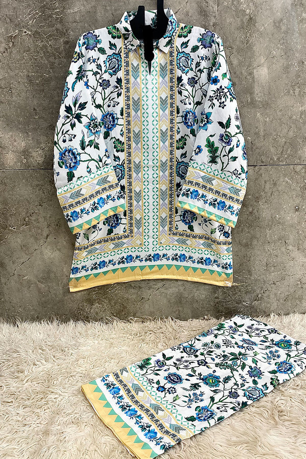 Chic White & Blue Floral Printed Palazzo Co-Ord Set With Yellow Border Detailing In Soft Fabric