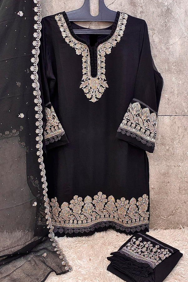 Full Stitched Pakistani Tunic Black Salwar Kameez With Beautiful Less Georgette Dupatta